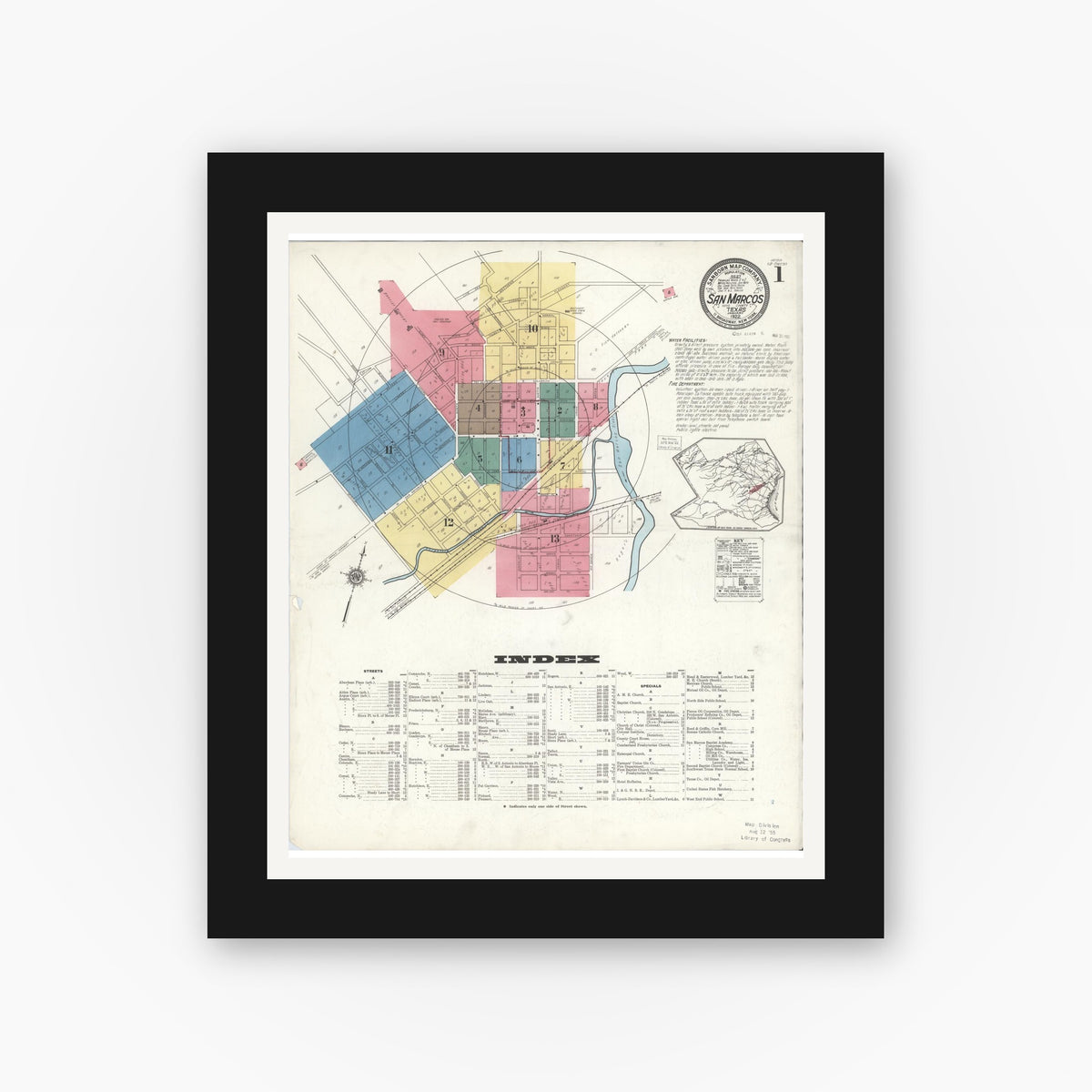 Old map wall art mockup — black gallery frame with white mat — Sanborn Fire Insurance Map from San Marcos, Hays County, Texas (1922), Sheet #0001