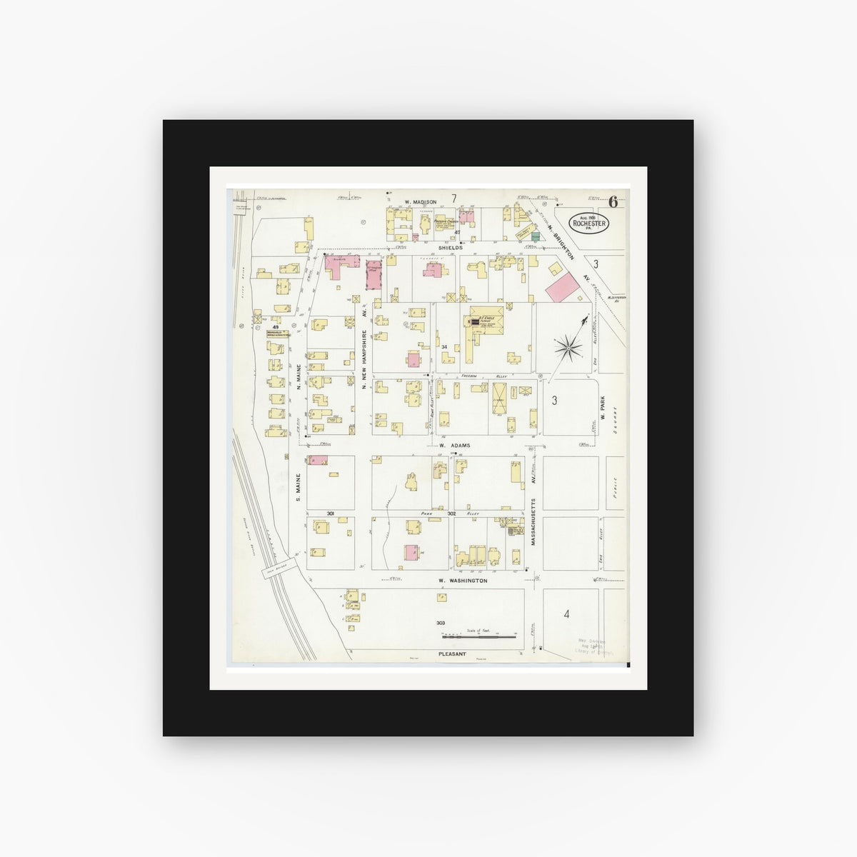 Old map wall art mockup — black gallery frame with white mat — Sanborn Fire Insurance Map from Rochester, Beaver County, Pennsylvania (1908), Sheet #0006