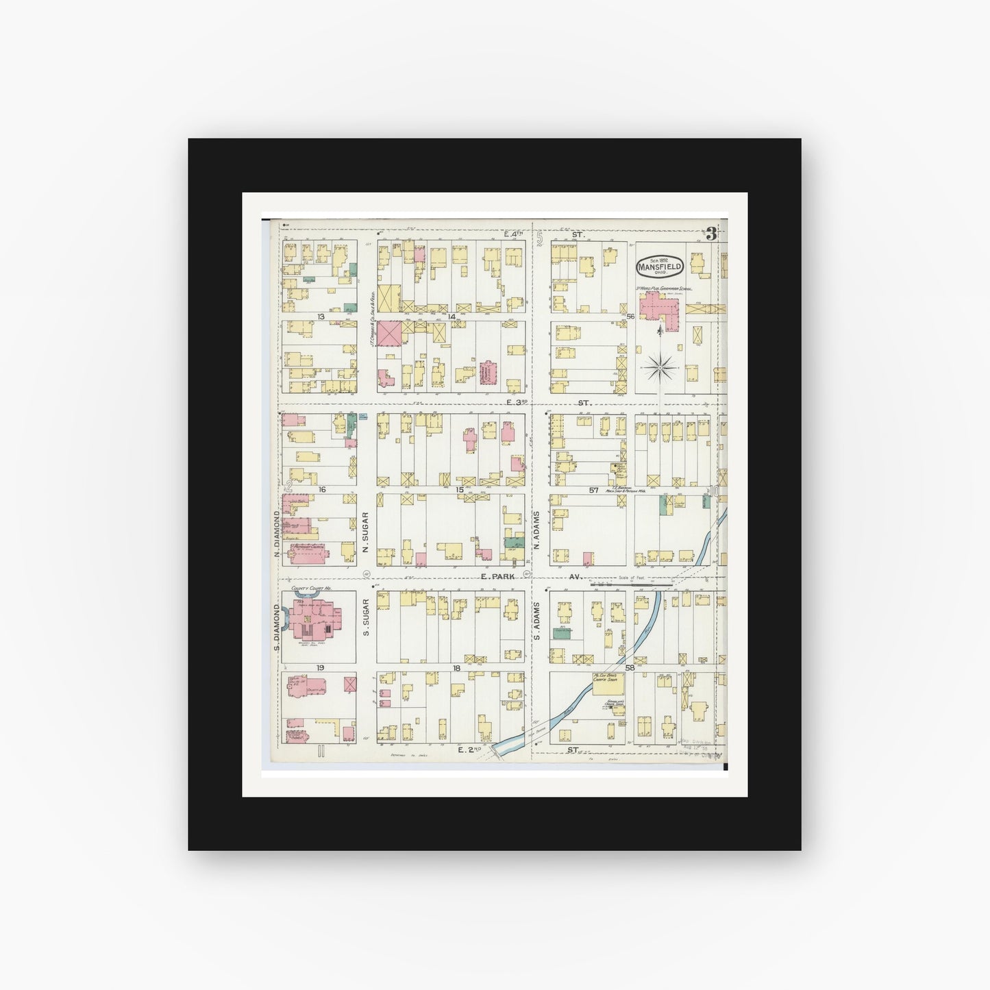 Old map wall art mockup — black gallery frame with white mat — Sanborn Fire Insurance Map from Mansfield, Richland County, Ohio (1892), Sheet #0003