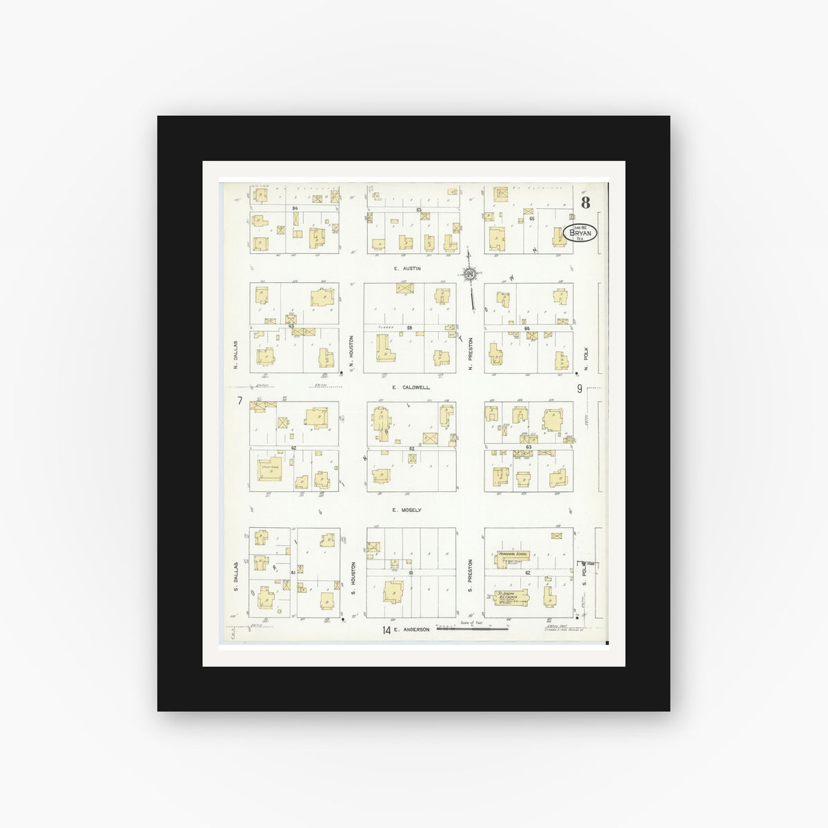 Old map wall art mockup — black gallery frame with white mat — Sanborn Fire Insurance Map from Bryan, Brazos County, Texas (1912), Sheet #0008