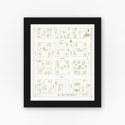 Old map wall art mockup — black gallery frame with white mat — Sanborn Fire Insurance Map from Bryan, Brazos County, Texas (1912), Sheet #0008