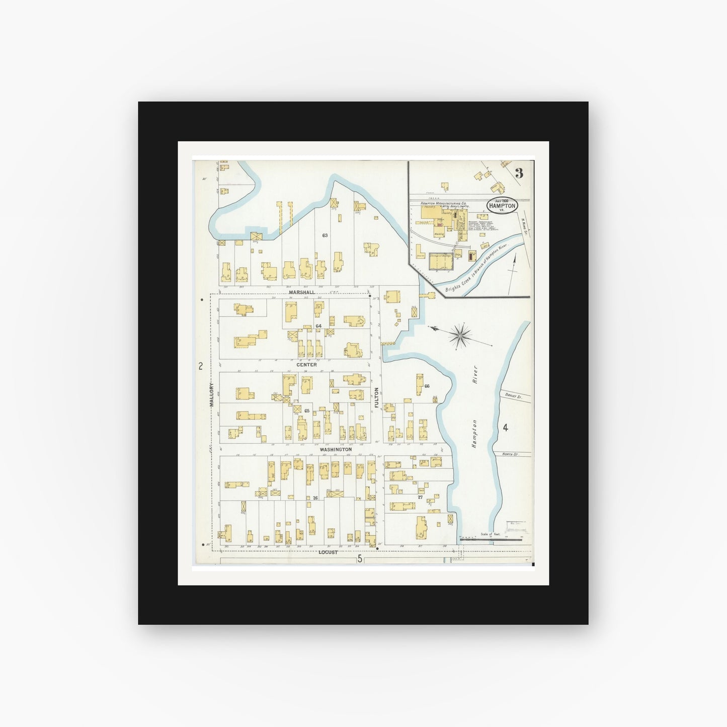 Old map wall art mockup — black gallery frame with white mat — Sanborn Fire Insurance Map from Hampton, Independent Cities, Virginia (1900), Sheet #0003