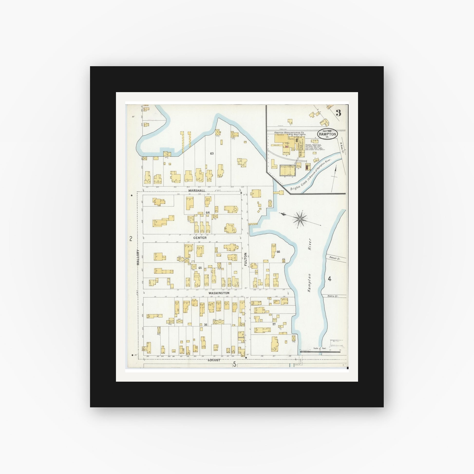 Old map wall art mockup — black gallery frame with white mat — Sanborn Fire Insurance Map from Hampton, Independent Cities, Virginia (1900), Sheet #0003