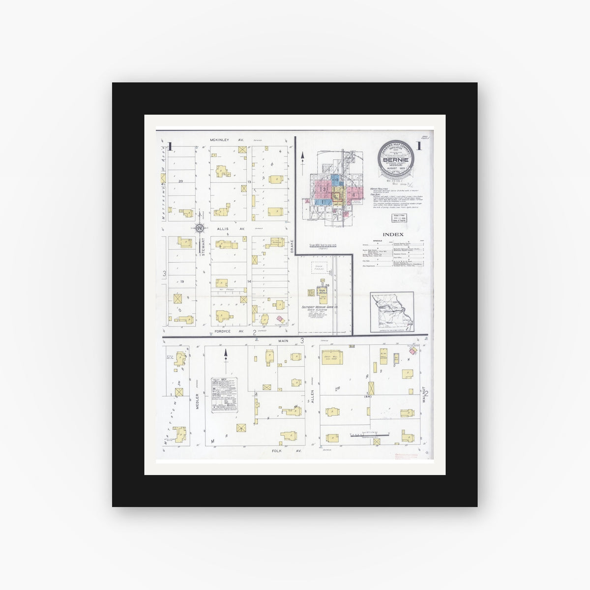Old map wall art mockup — black gallery frame with white mat — Sanborn Fire Insurance Map from Bernie, Stoddard County, Missouri (1929) - Complete Map Set