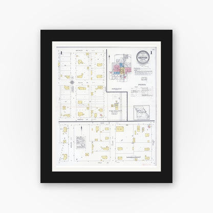 Old map wall art mockup — black gallery frame with white mat — Sanborn Fire Insurance Map from Bernie, Stoddard County, Missouri (1929) - Complete Map Set