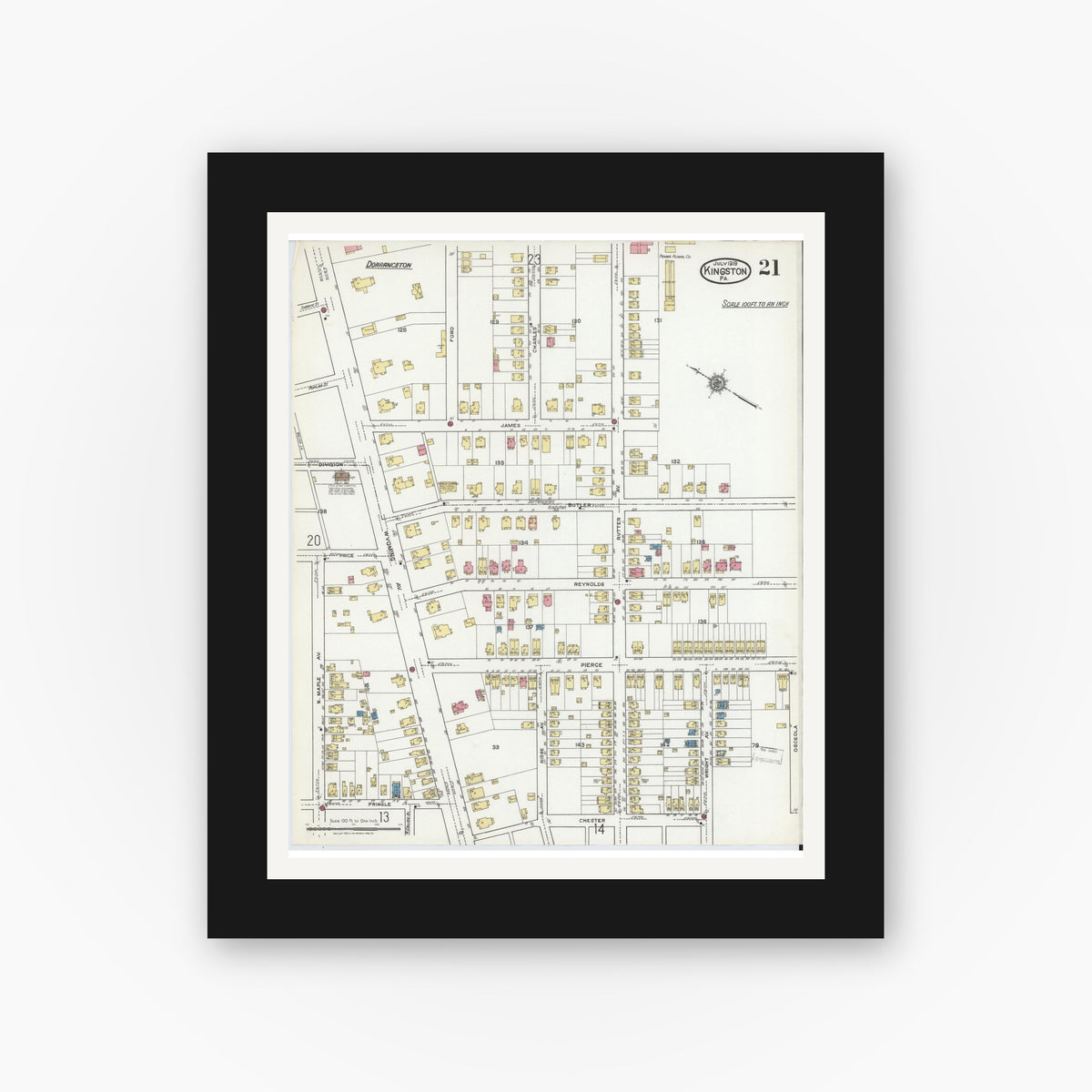 Old map wall art mockup — black gallery frame with white mat — Sanborn Fire Insurance Map from Kingston, Luzerne County, Pennsylvania (1919), Sheet #0021