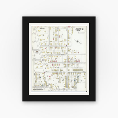Old map wall art mockup — black gallery frame with white mat — Sanborn Fire Insurance Map from Kingston, Luzerne County, Pennsylvania (1919), Sheet #0021