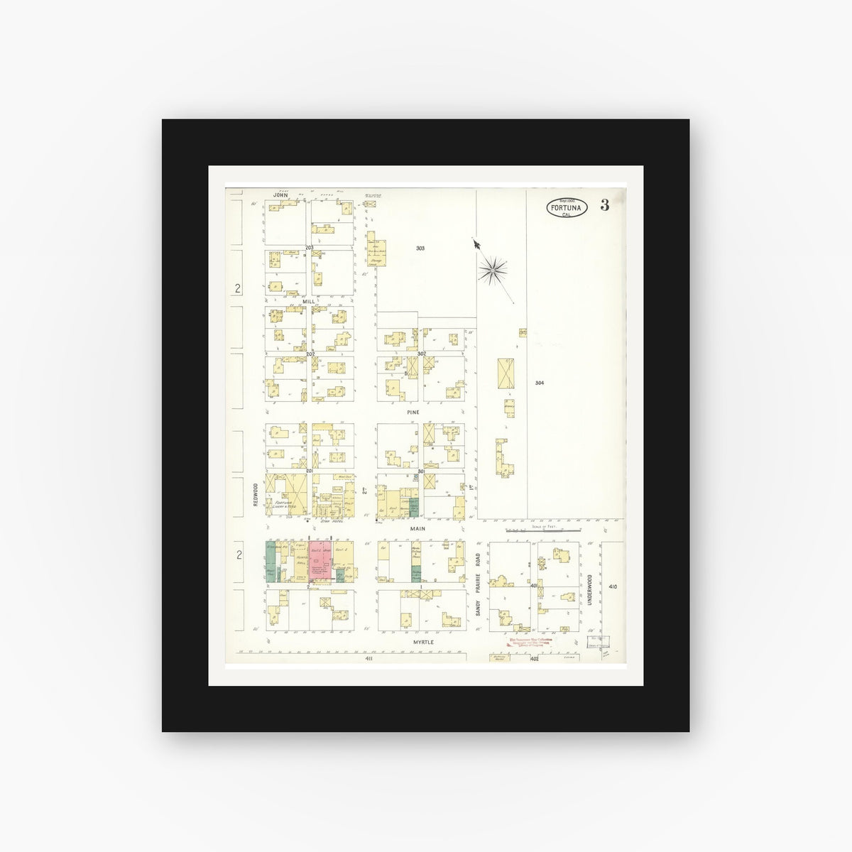 Old map wall art mockup — black gallery frame with white mat — Sanborn Fire Insurance Map from Fortuna, Humboldt County, California (1900), Sheet #0003