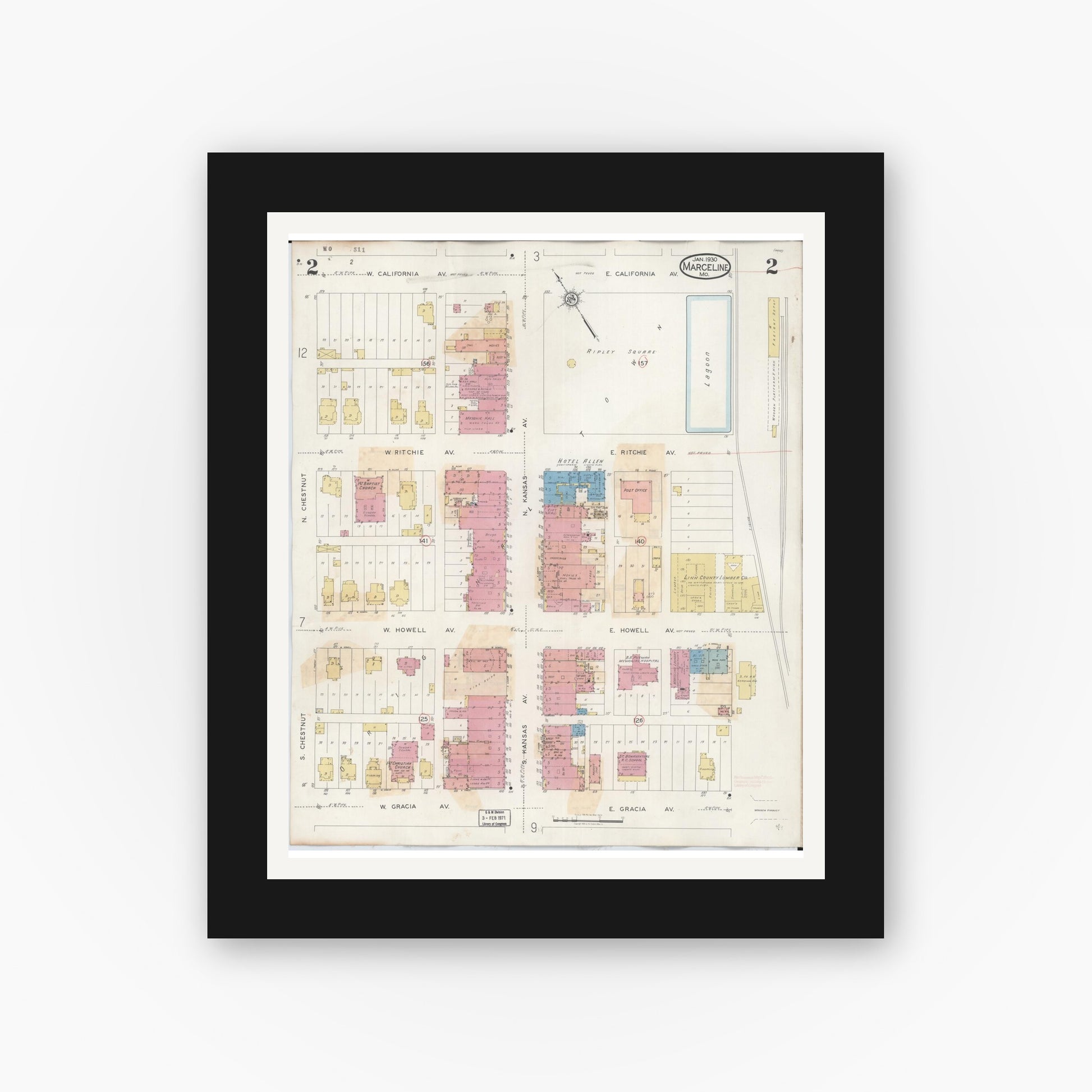 Old map wall art mockup — black gallery frame with white mat — Sanborn Fire Insurance Map from Marceline, Linn County, Missouri (1939), Sheet #0002