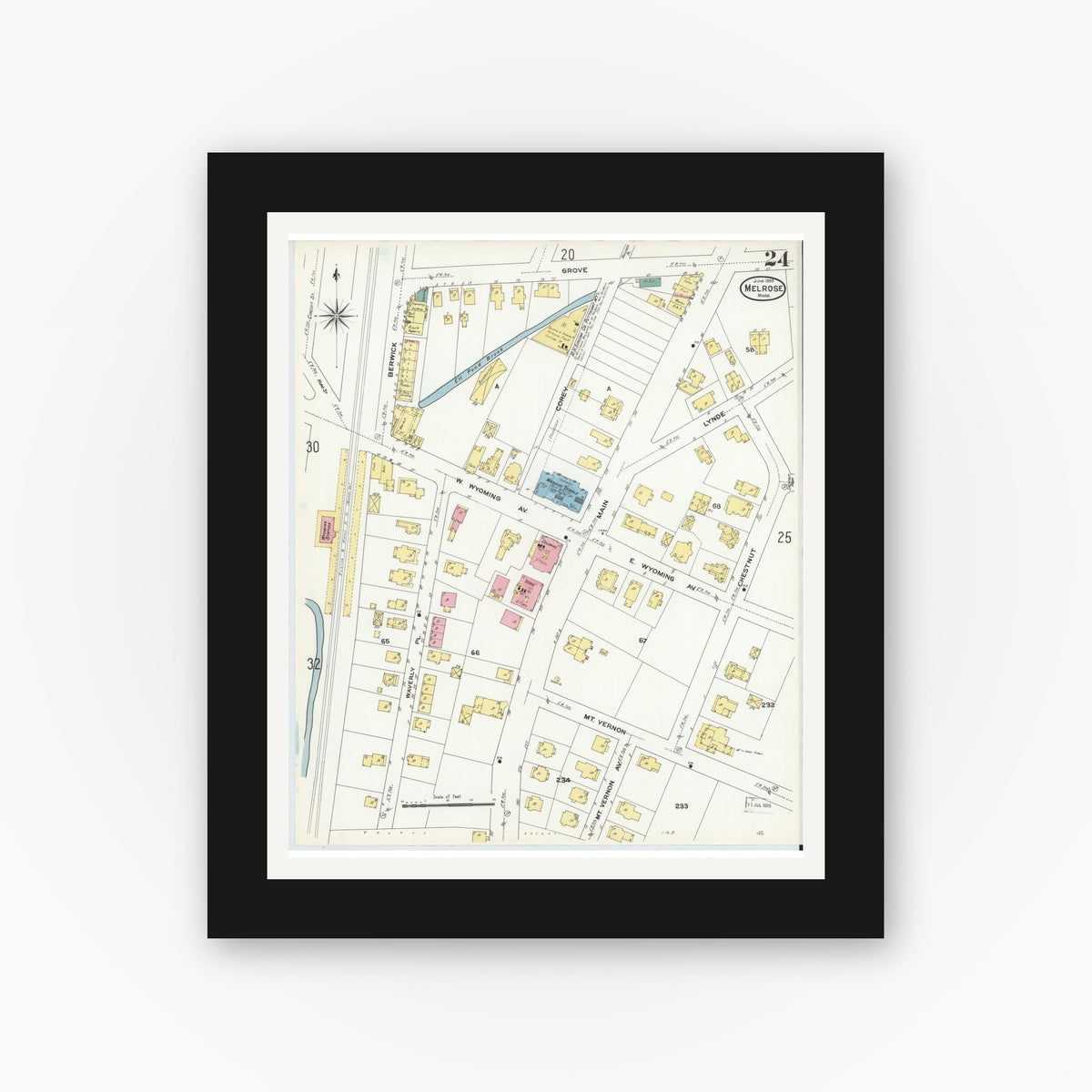 Old map wall art mockup — black gallery frame with white mat — Sanborn Fire Insurance Map from Melrose, Middlesex County, Massachusetts (1909), Sheet #0024