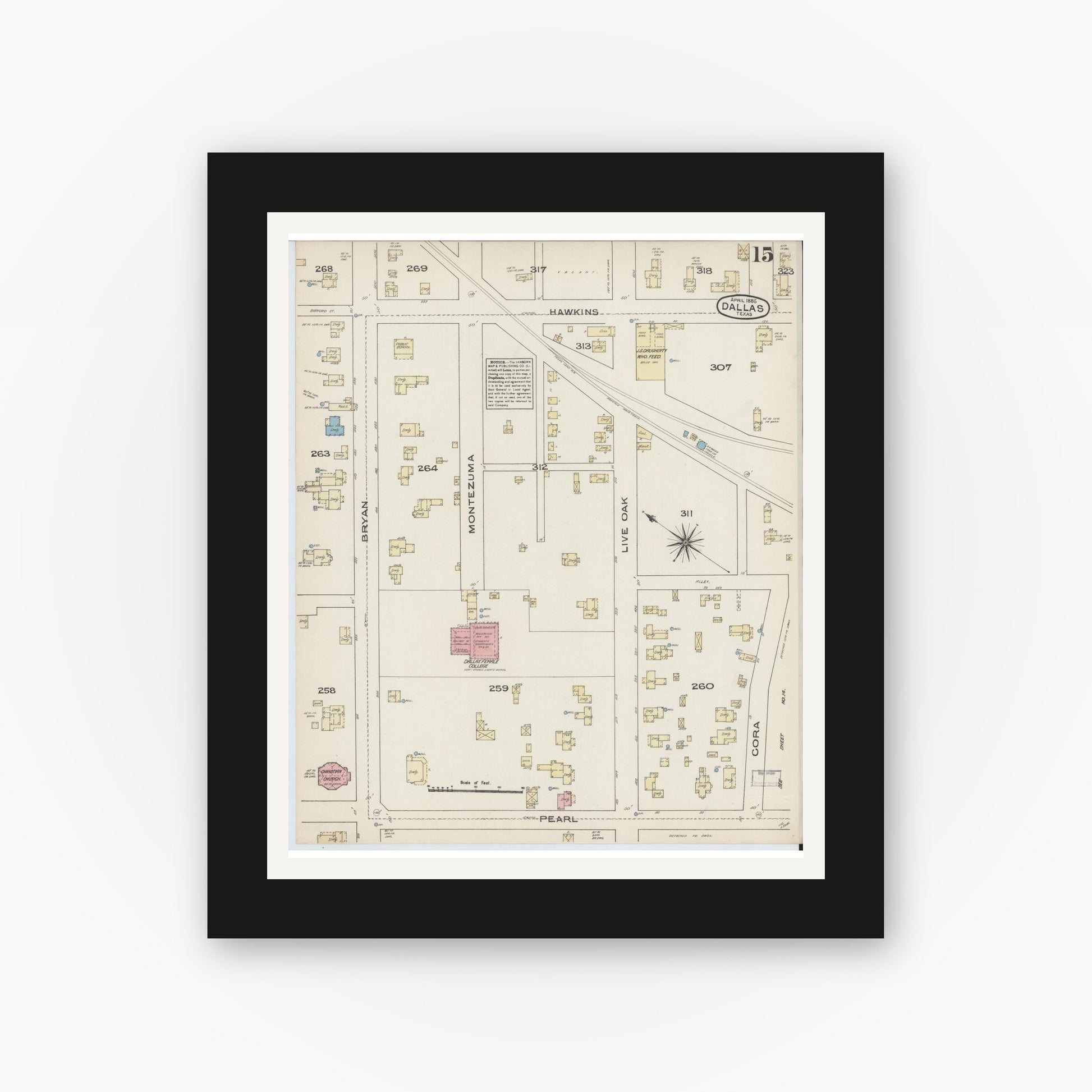 Old map wall art mockup — black gallery frame with white mat — Sanborn Fire Insurance Map from Dallas, Dallas County, Texas (1885), Sheet #0015