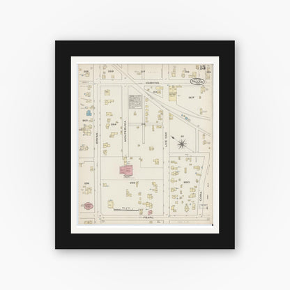 Old map wall art mockup — black gallery frame with white mat — Sanborn Fire Insurance Map from Dallas, Dallas County, Texas (1885), Sheet #0015