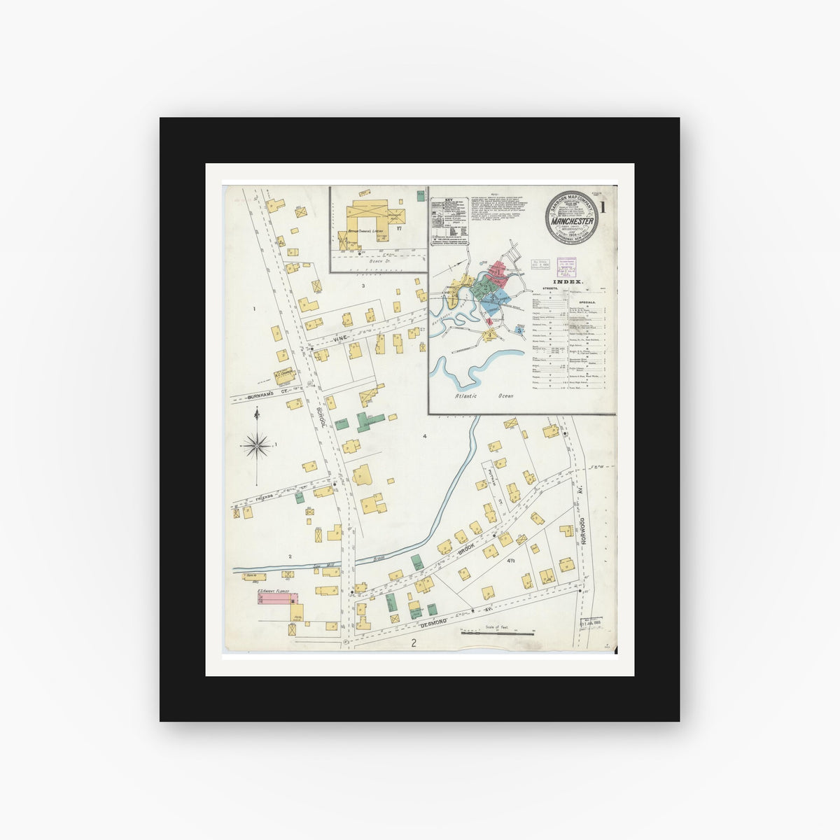 Old map wall art mockup — black gallery frame with white mat — Sanborn Fire Insurance Map from Manchester, Essex County, Massachusetts (1904) - Complete Map Set