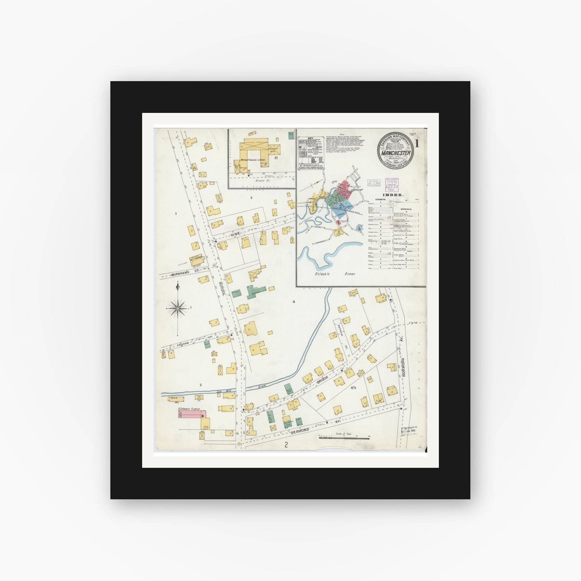 Old map wall art mockup — black gallery frame with white mat — Sanborn Fire Insurance Map from Manchester, Essex County, Massachusetts (1904) - Complete Map Set