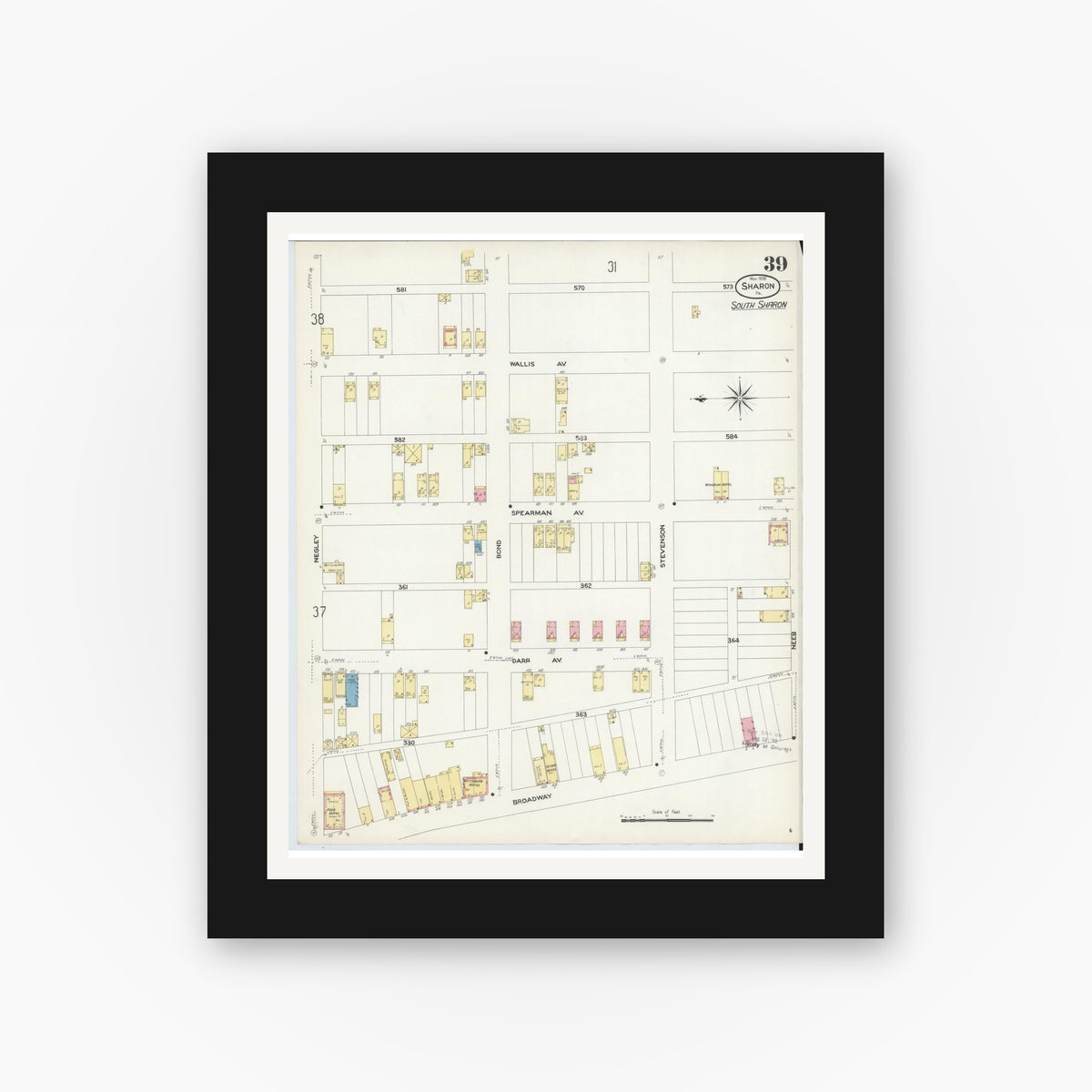 Old map wall art mockup — black gallery frame with white mat — Sanborn Fire Insurance Map from Sharon, Mercer County, Pennsylvania (1908), Sheet #0039