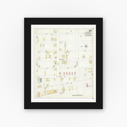 Old map wall art mockup — black gallery frame with white mat — Sanborn Fire Insurance Map from Sharon, Mercer County, Pennsylvania (1908), Sheet #0039