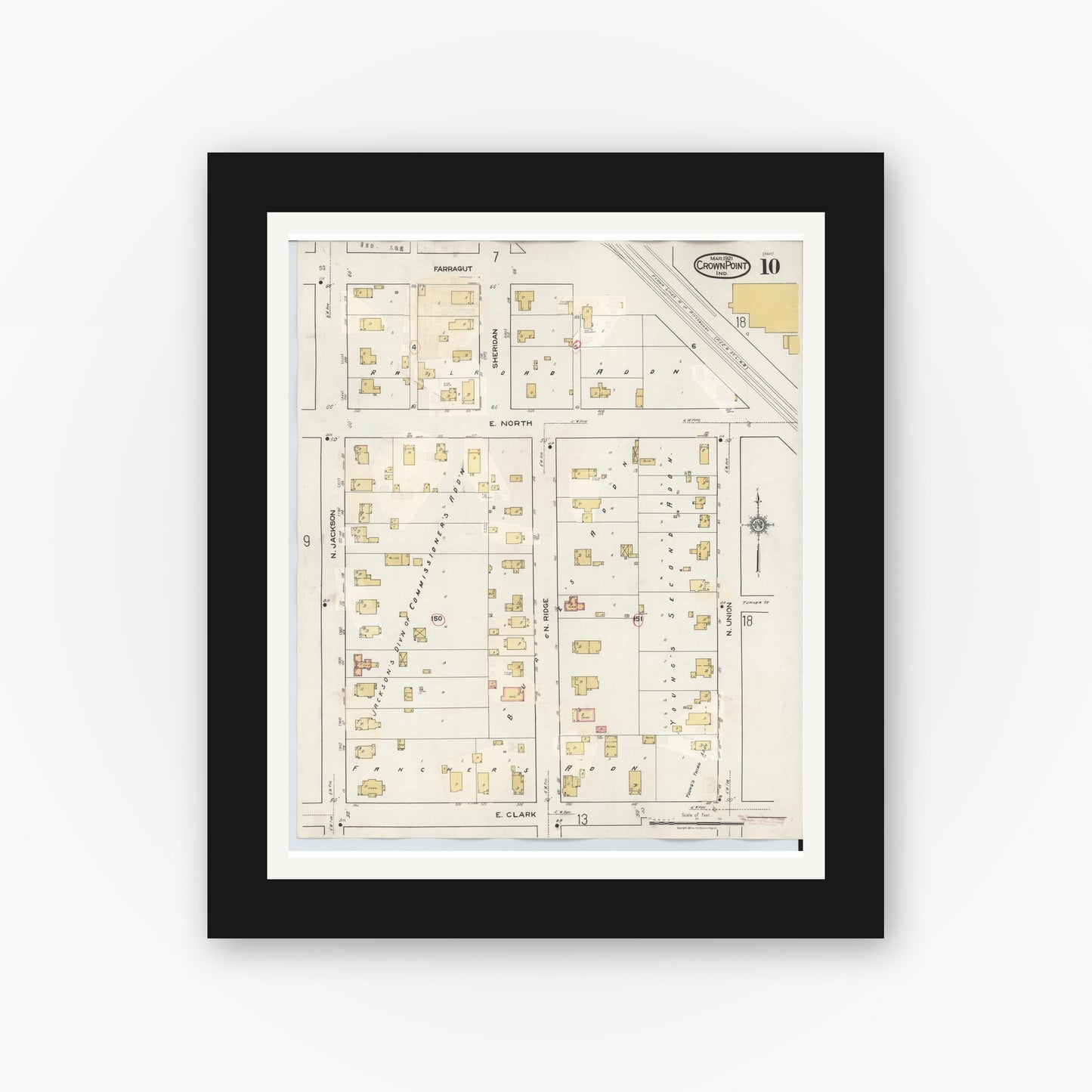 Old map wall art mockup — black gallery frame with white mat — Sanborn Fire Insurance Map from Crown Point, Lake County, Indiana (1948), Sheet #0010