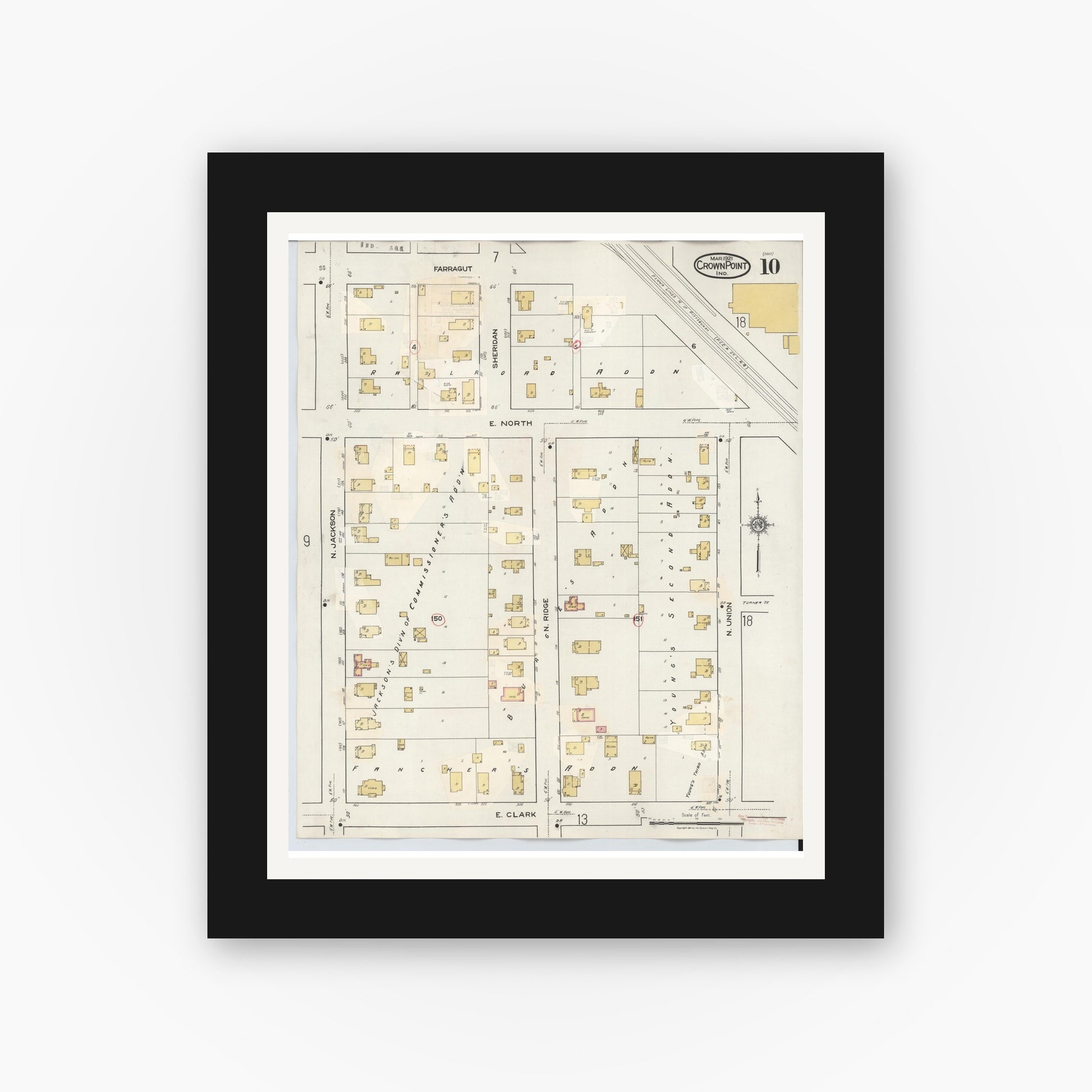 Old map wall art mockup — black gallery frame with white mat — Sanborn Fire Insurance Map from Crown Point, Lake County, Indiana (1948), Sheet #0010