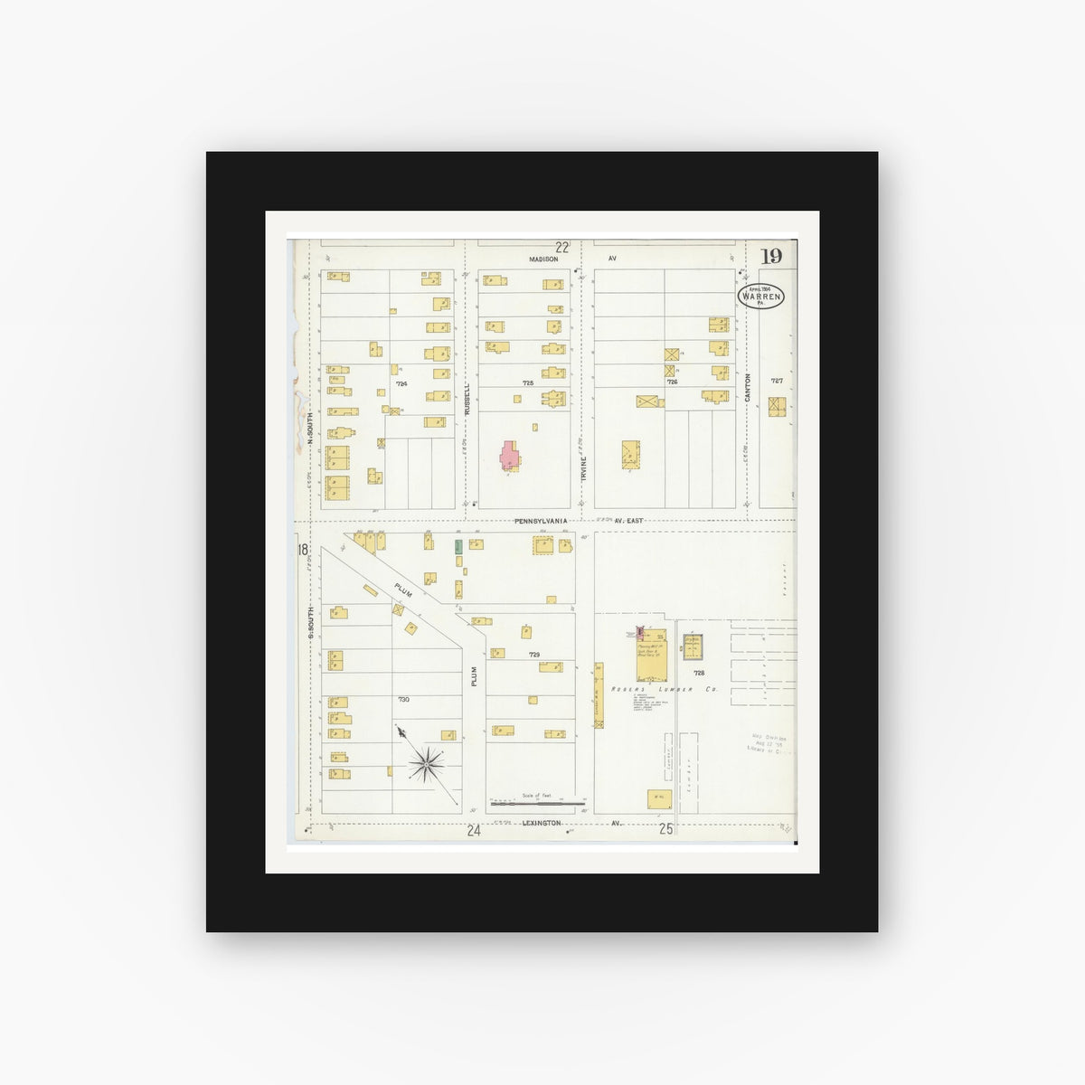 Old map wall art mockup — black gallery frame with white mat — Sanborn Fire Insurance Map from Warren, Warren County, Pennsylvania (1904), Sheet #0019