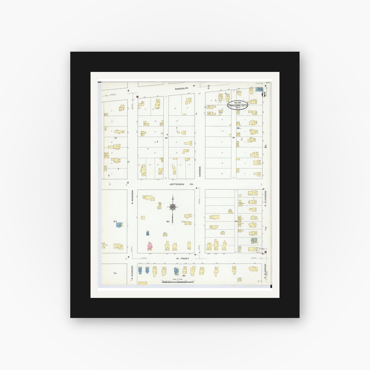 Old map wall art mockup — black gallery frame with white mat — Sanborn Fire Insurance Map from Traverse City, Grand Traverse County, Michigan (1910), Sheet #0006