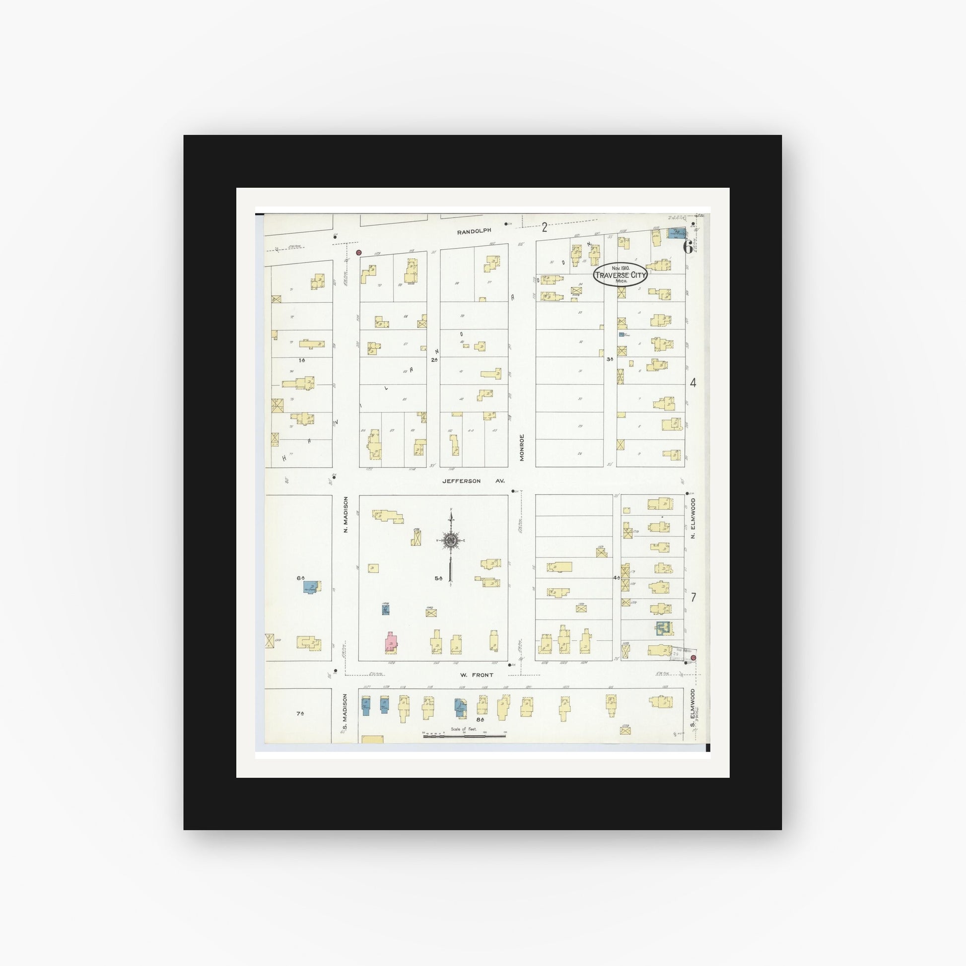 Old map wall art mockup — black gallery frame with white mat — Sanborn Fire Insurance Map from Traverse City, Grand Traverse County, Michigan (1910), Sheet #0006
