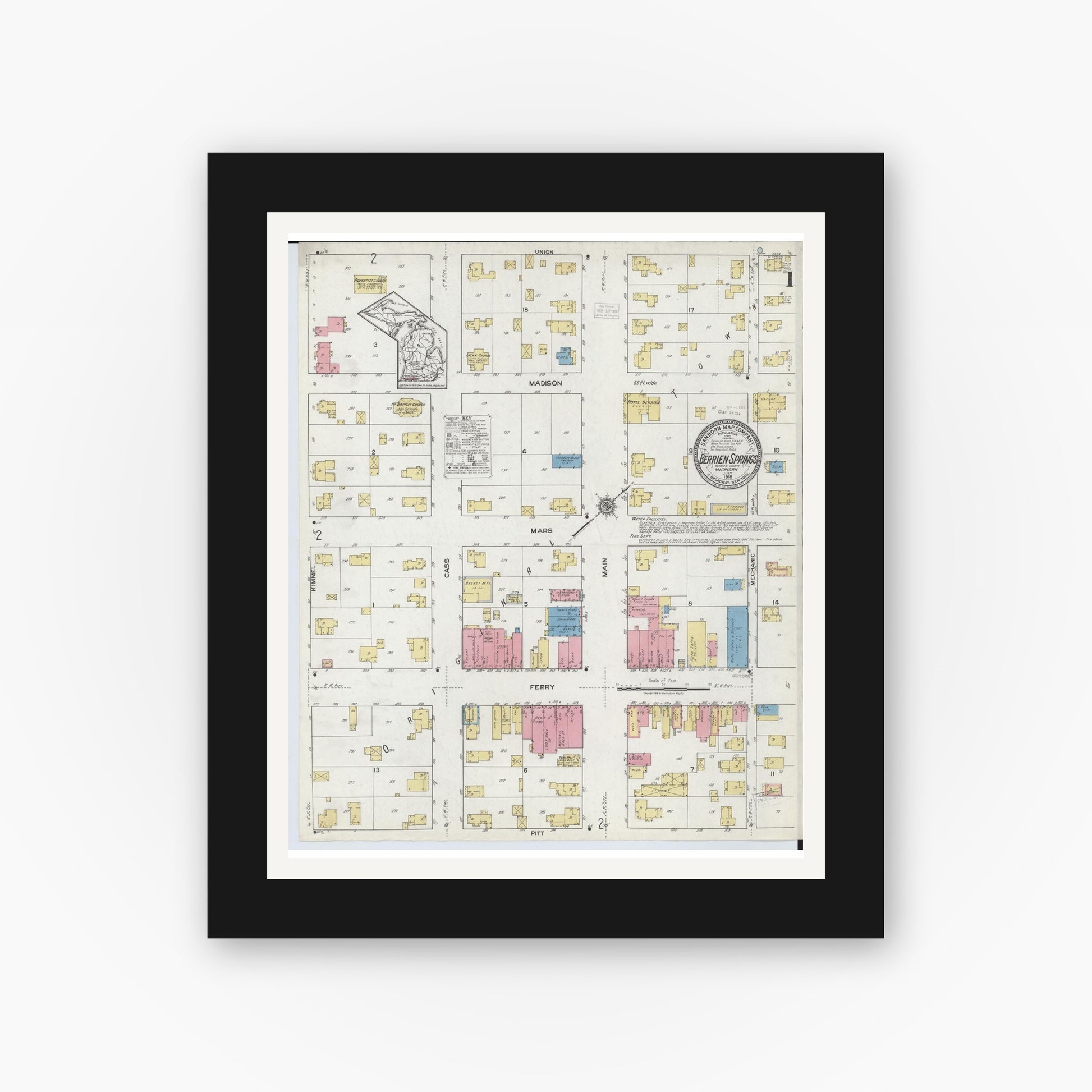 Old map wall art mockup — black gallery frame with white mat — Sanborn Fire Insurance Map from Berrien Springs, Berrien County, Michigan (1918) - Complete Map Set