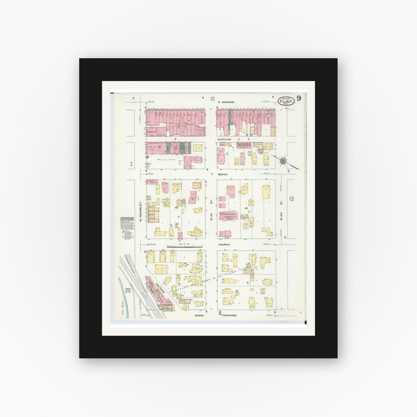 Old map wall art mockup — black gallery frame with white mat — Sanborn Fire Insurance Map from Flint, Genesee County, Michigan (1909), Sheet #0009