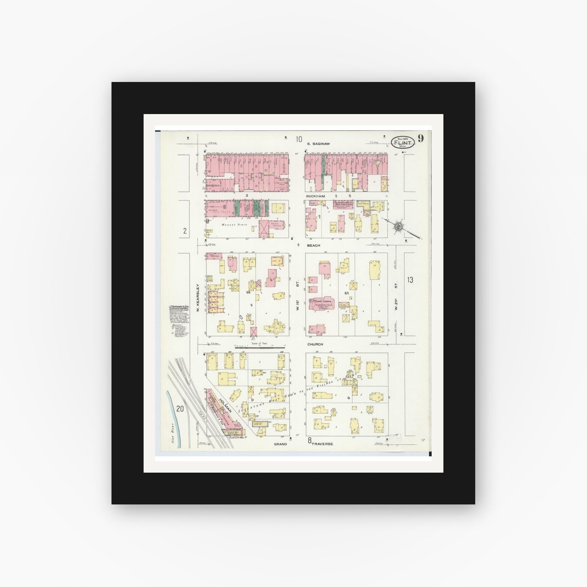 Old map wall art mockup — black gallery frame with white mat — Sanborn Fire Insurance Map from Flint, Genesee County, Michigan (1909), Sheet #0009