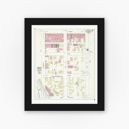 Old map wall art mockup — black gallery frame with white mat — Sanborn Fire Insurance Map from Flint, Genesee County, Michigan (1909), Sheet #0009