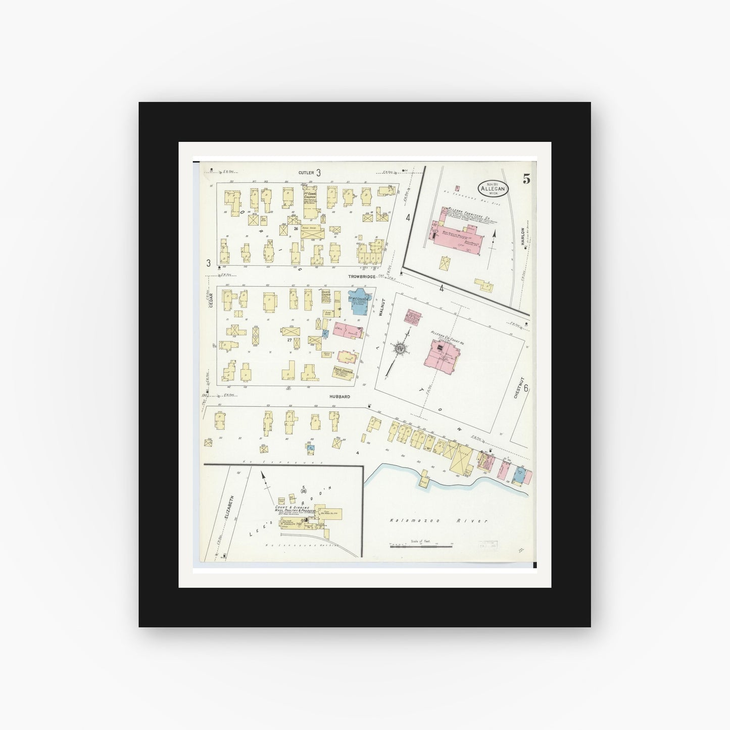 Old map wall art mockup — black gallery frame with white mat — Sanborn Fire Insurance Map from Allegan, Allegan County, Michigan (1911), Sheet #0005