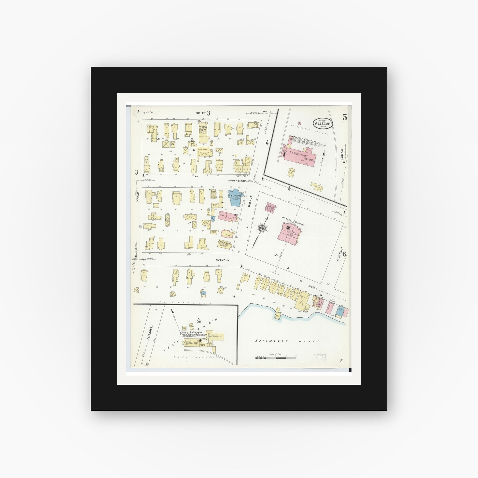 Old map wall art mockup — black gallery frame with white mat — Sanborn Fire Insurance Map from Allegan, Allegan County, Michigan (1911), Sheet #0005