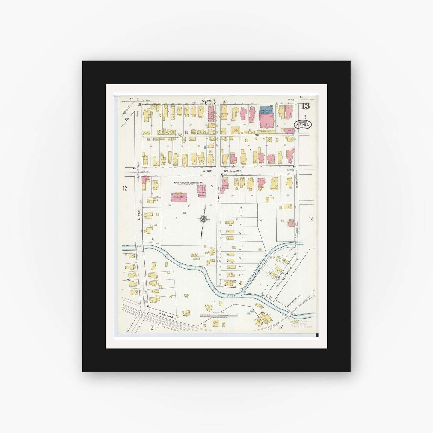 Old map wall art mockup — black gallery frame with white mat — Sanborn Fire Insurance Map from Xenia, Greene County, Ohio (1919), Sheet #0013