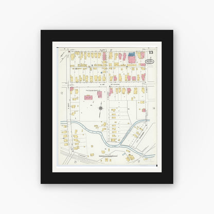 Old map wall art mockup — black gallery frame with white mat — Sanborn Fire Insurance Map from Xenia, Greene County, Ohio (1919), Sheet #0013