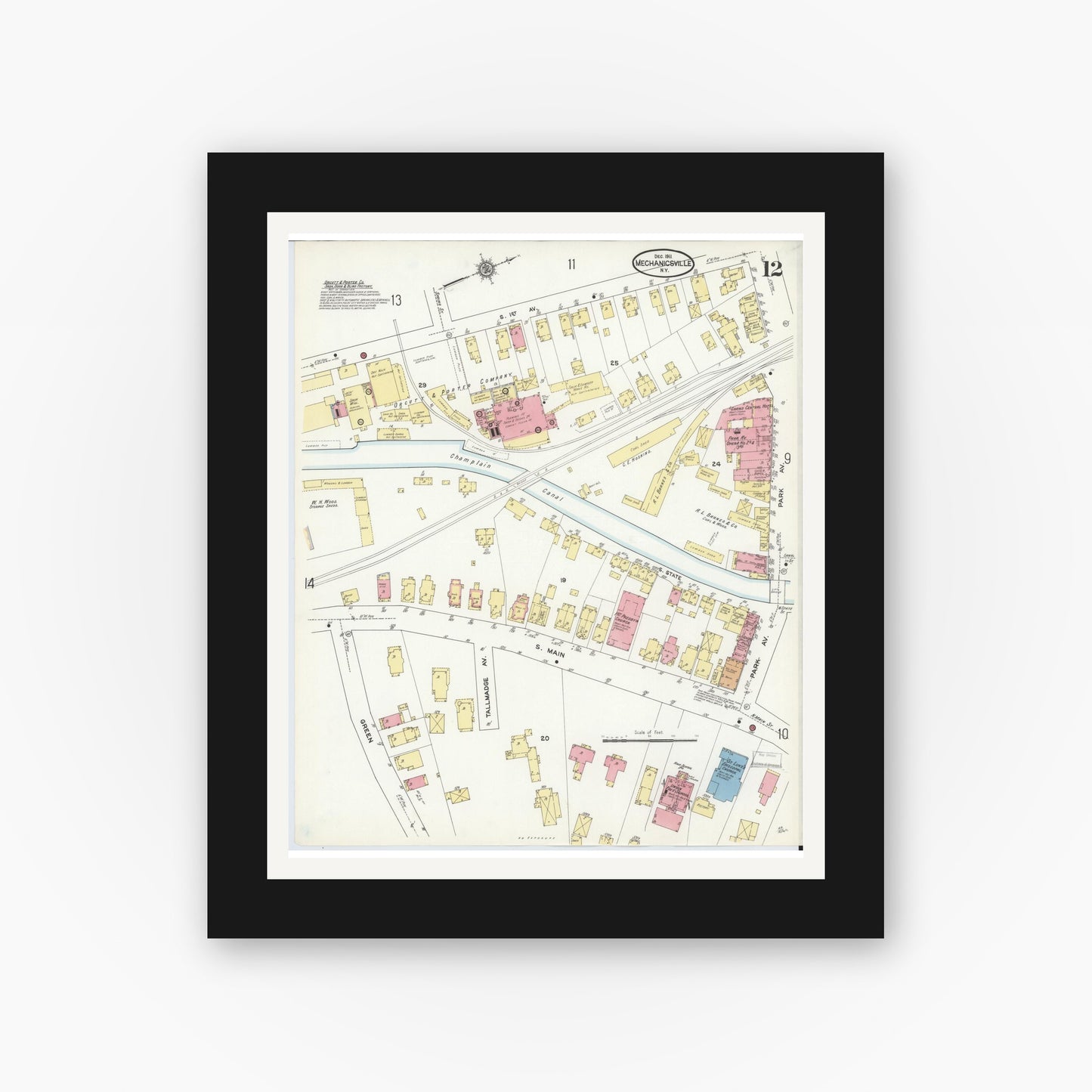 Old map wall art mockup — black gallery frame with white mat — Sanborn Fire Insurance Map from Mechanicville, Saratoga County, New York (1911), Sheet #0012