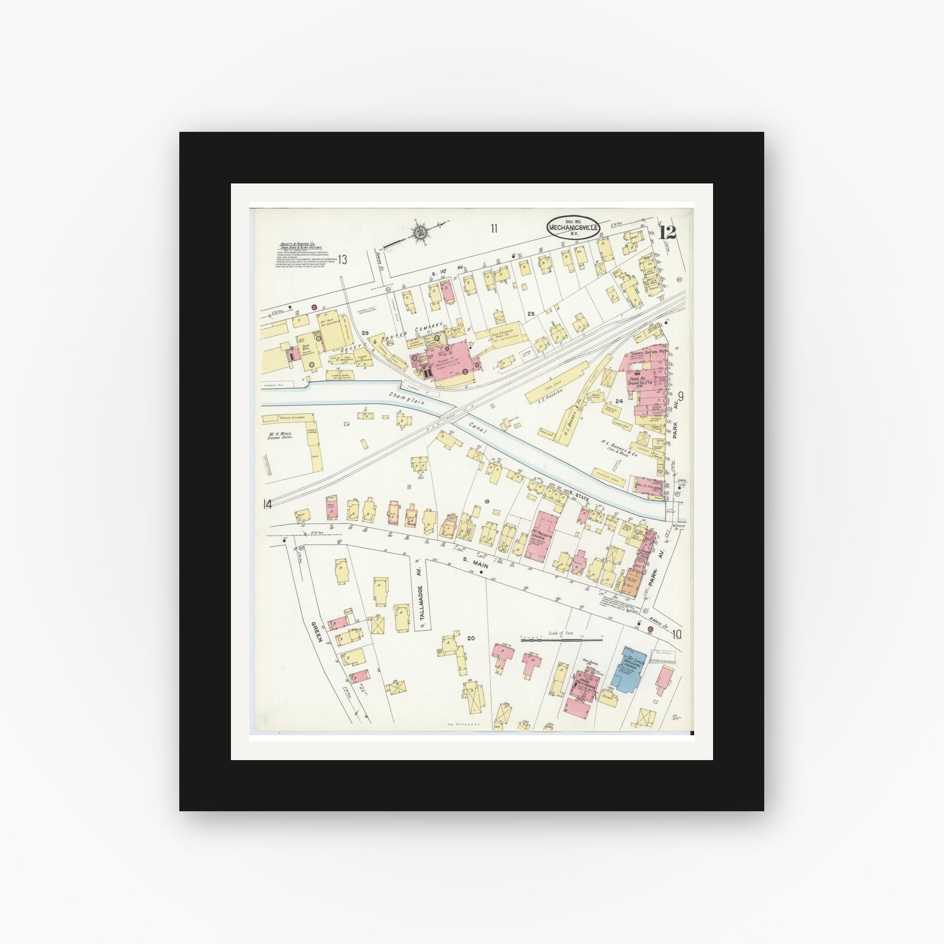 Old map wall art mockup — black gallery frame with white mat — Sanborn Fire Insurance Map from Mechanicville, Saratoga County, New York (1911), Sheet #0012