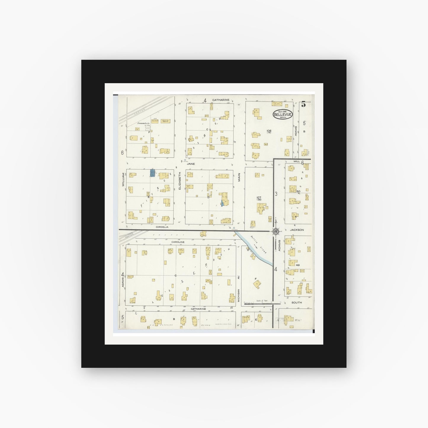Old map wall art mockup — black gallery frame with white mat — Sanborn Fire Insurance Map from Bellevue, Eaton County, Michigan (1916), Sheet #0005