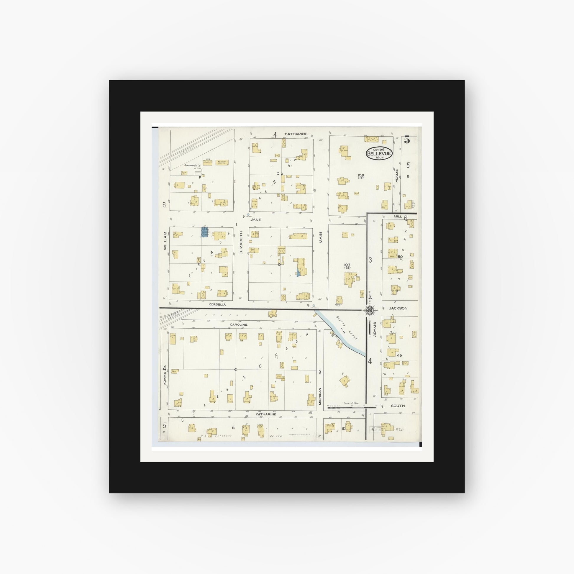 Old map wall art mockup — black gallery frame with white mat — Sanborn Fire Insurance Map from Bellevue, Eaton County, Michigan (1916), Sheet #0005