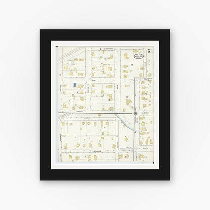 Old map wall art mockup — black gallery frame with white mat — Sanborn Fire Insurance Map from Bellevue, Eaton County, Michigan (1916), Sheet #0005