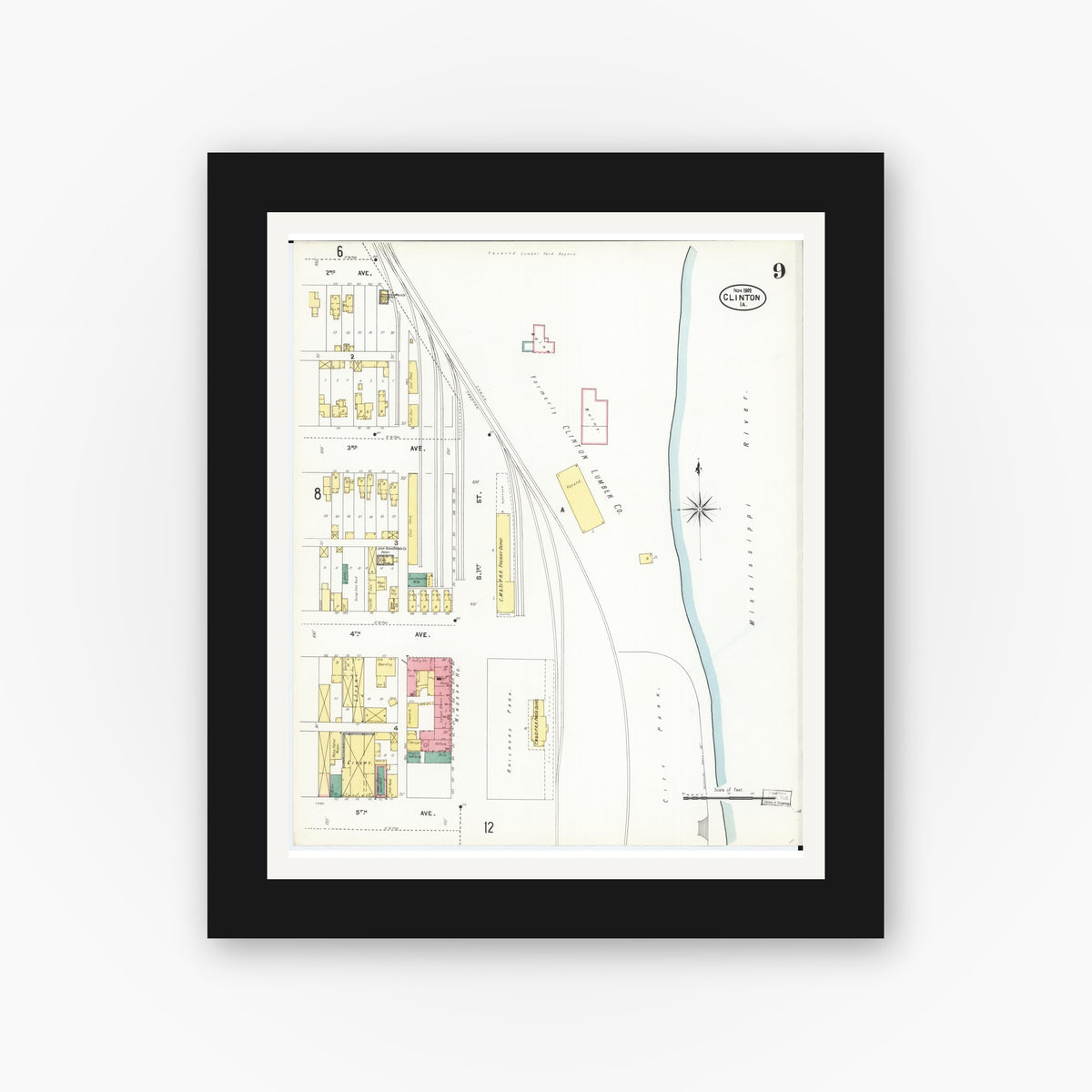 Old map wall art mockup — black gallery frame with white mat — Sanborn Fire Insurance Map from Clinton, Clinton County, Iowa (1902), Sheet #0009