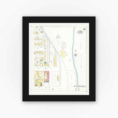 Old map wall art mockup — black gallery frame with white mat — Sanborn Fire Insurance Map from Clinton, Clinton County, Iowa (1902), Sheet #0009