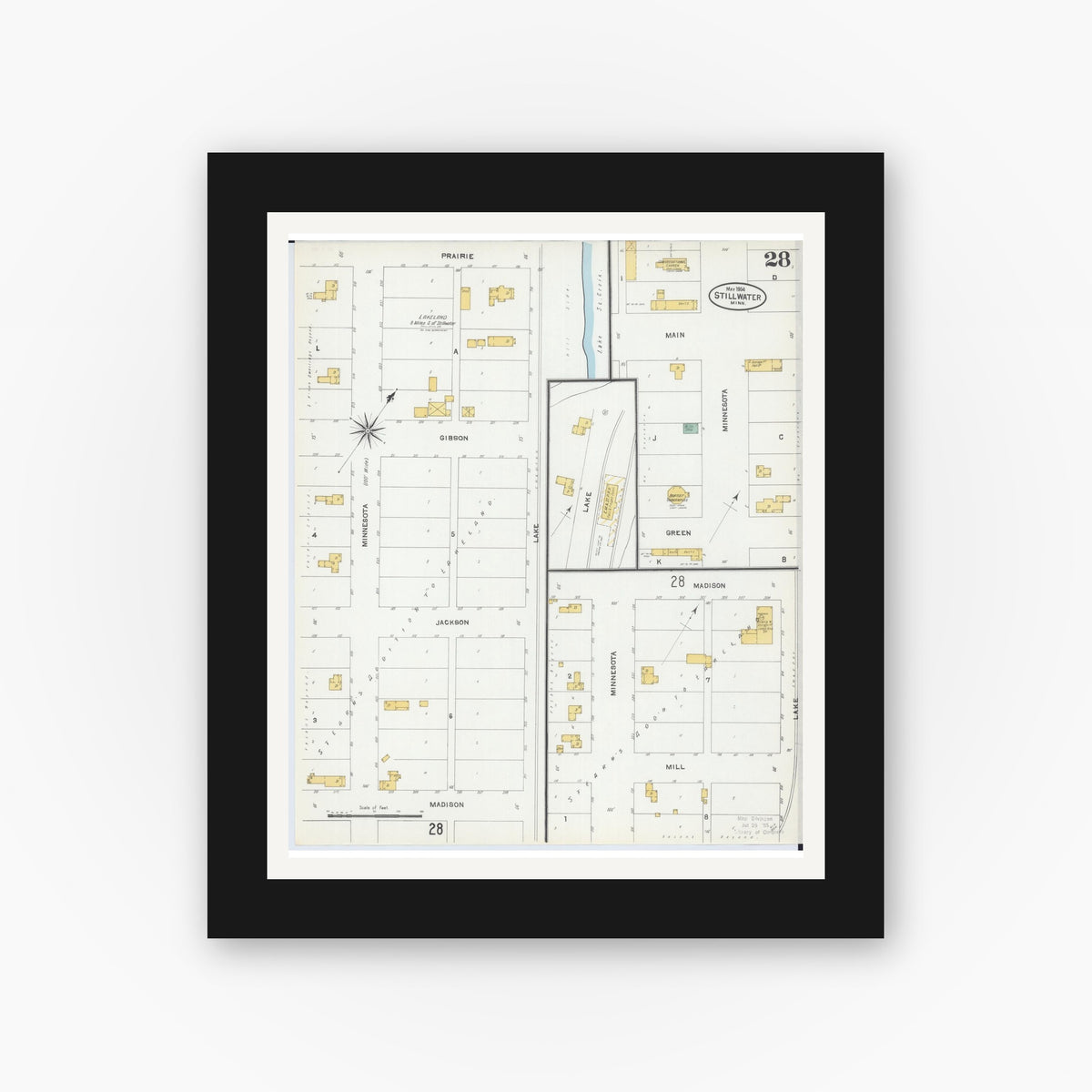 Old map wall art mockup — black gallery frame with white mat — Sanborn Fire Insurance Map from Stillwater, Washington County, Minnesota (1904), Sheet #0028