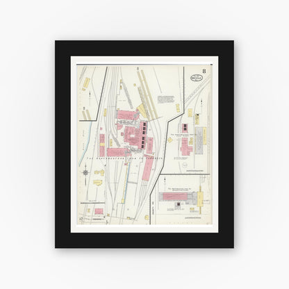 Old map wall art mockup — black gallery frame with white mat — Sanborn Fire Insurance Map from Mayville, Dodge County, Wisconsin (1912), Sheet #0008