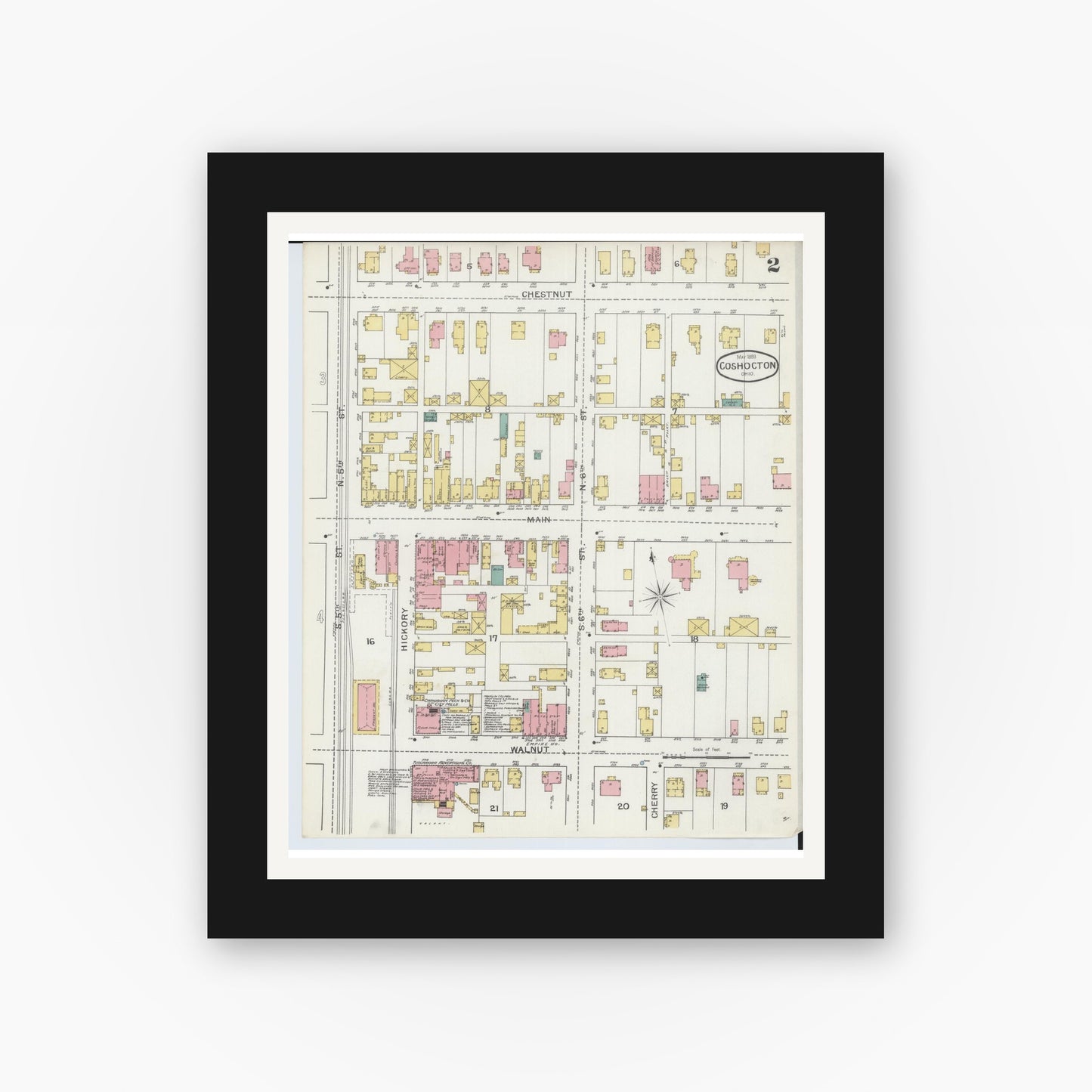 Old map wall art mockup — black gallery frame with white mat — Sanborn Fire Insurance Map from Coshocton, Coshocton County, Ohio (1893), Sheet #0002
