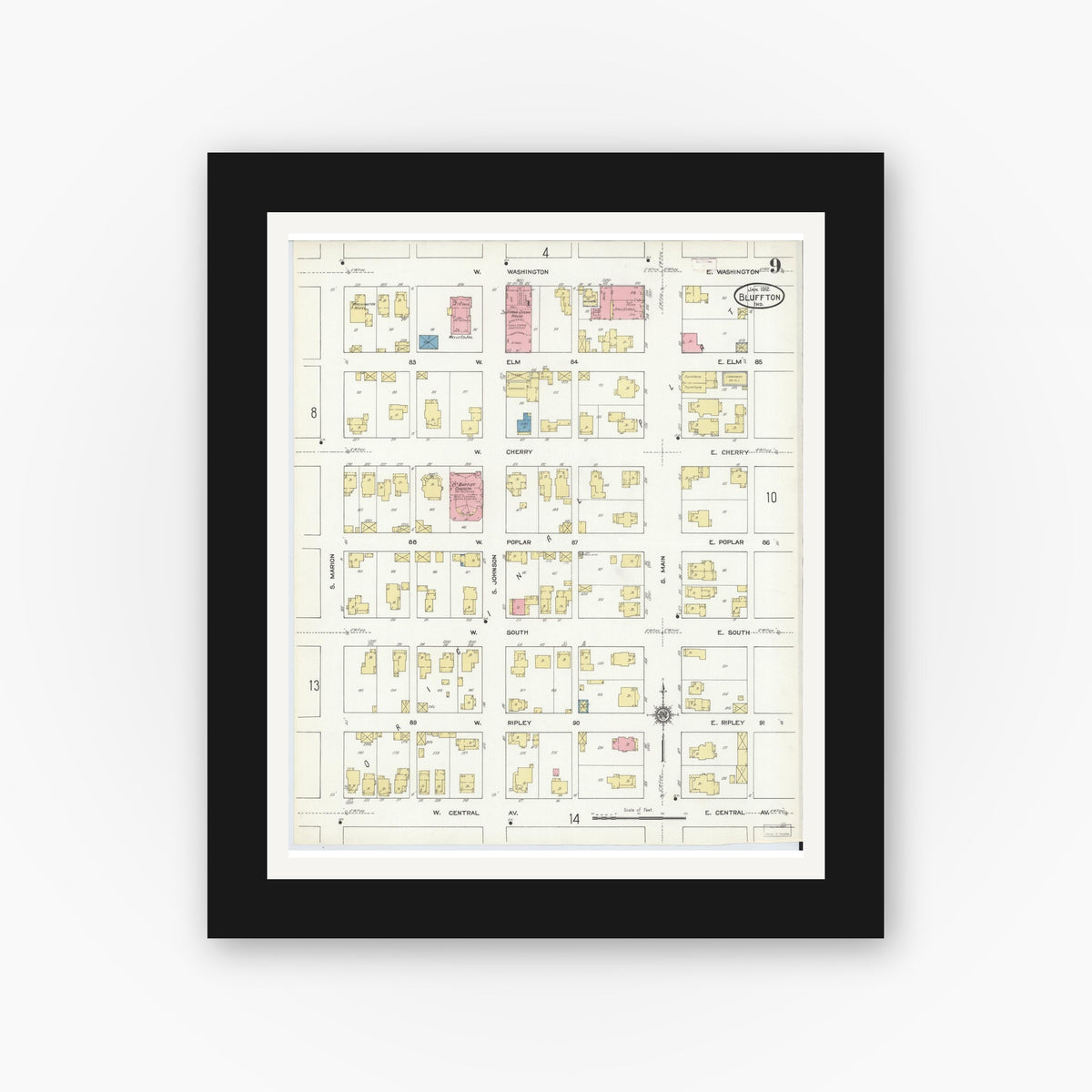 Old map wall art mockup — black gallery frame with white mat — Sanborn Fire Insurance Map from Bluffton, Wells County, Indiana (1912), Sheet #0009