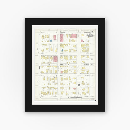Old map wall art mockup — black gallery frame with white mat — Sanborn Fire Insurance Map from Bluffton, Wells County, Indiana (1912), Sheet #0009
