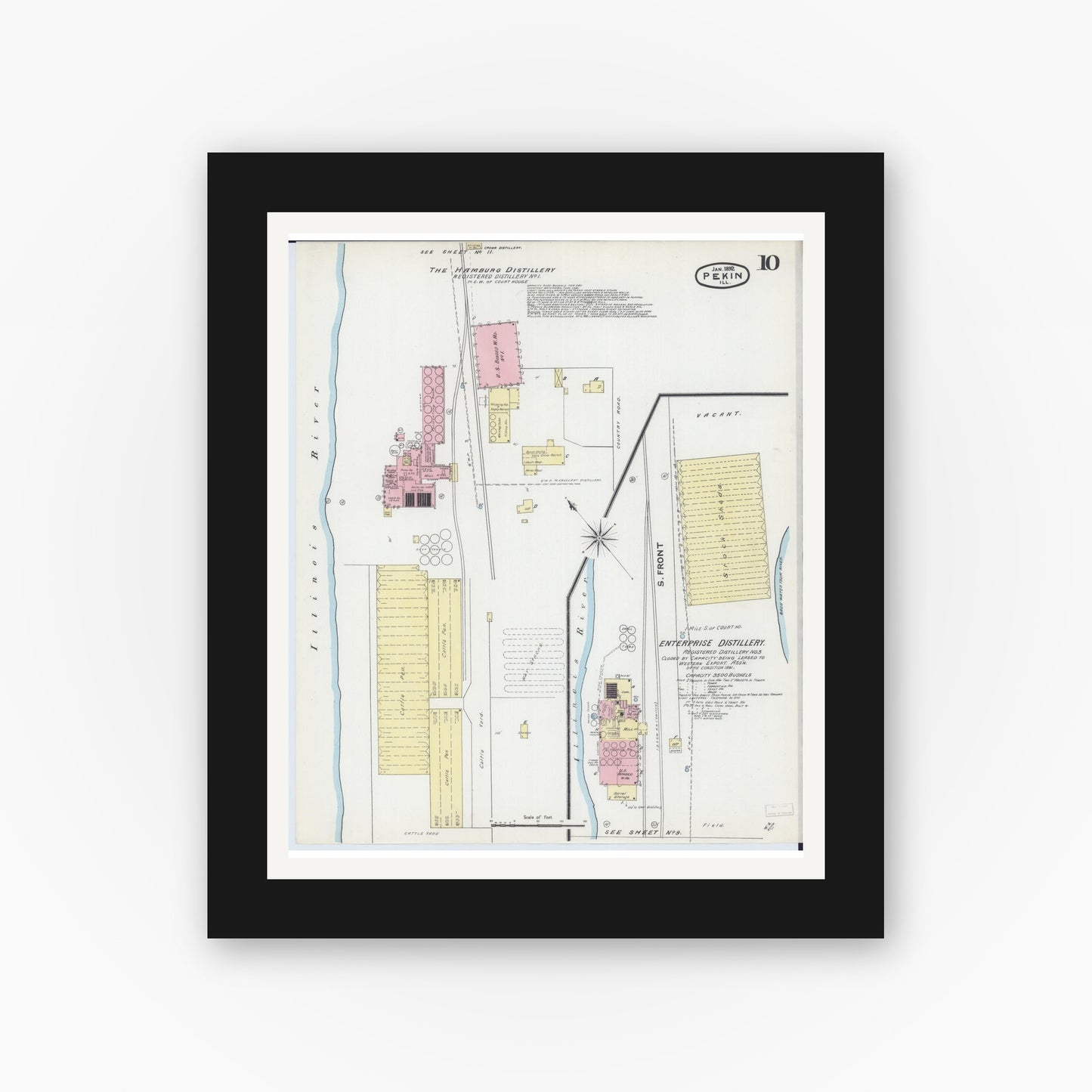Old map wall art mockup — black gallery frame with white mat — Sanborn Fire Insurance Map from Pekin, Tazewell County, Illinois (1892), Sheet #0010