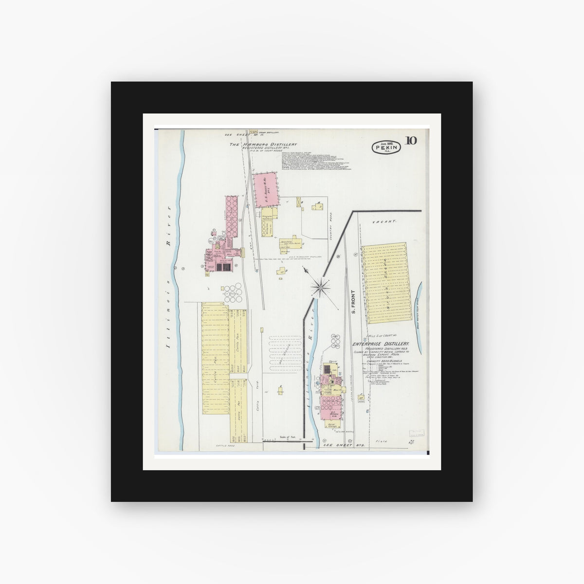 Old map wall art mockup — black gallery frame with white mat — Sanborn Fire Insurance Map from Pekin, Tazewell County, Illinois (1892), Sheet #0010