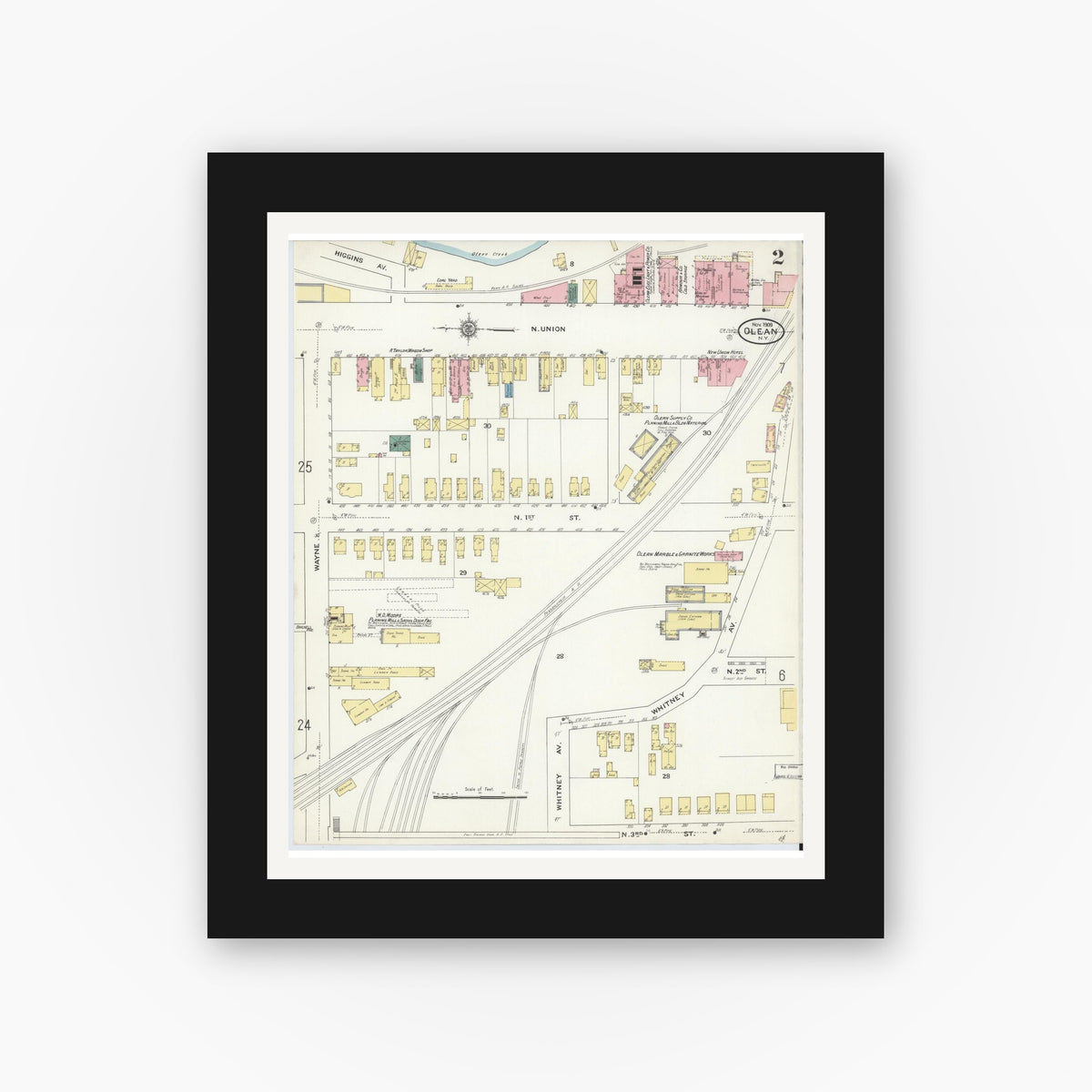 Old map wall art mockup — black gallery frame with white mat — Sanborn Fire Insurance Map from Olean, Cattaraugus County, New York (1909) - Complete Map Set
