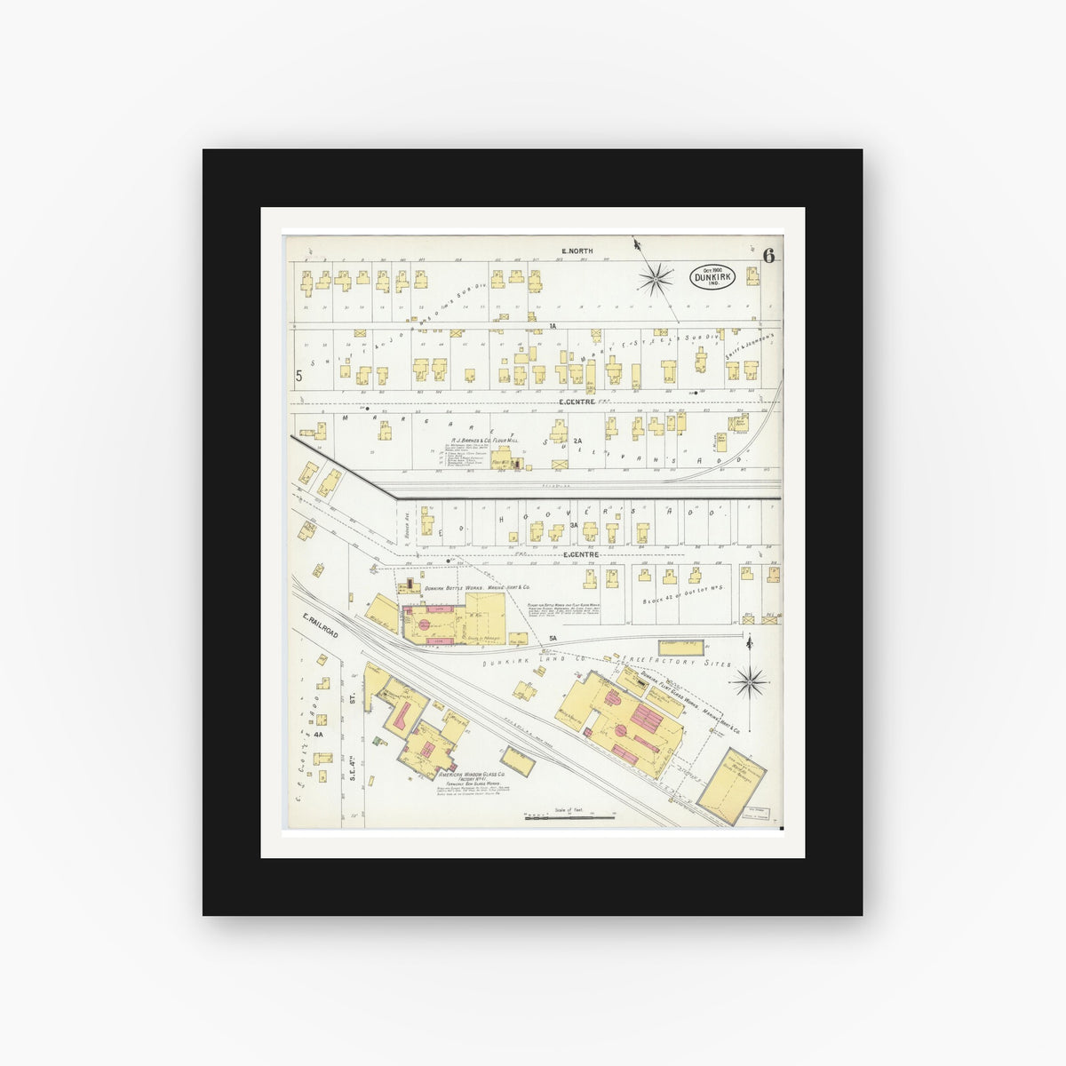 Old map wall art mockup — black gallery frame with white mat — Sanborn Fire Insurance Map from Dunkirk, Jay And Blackford Counties, Indiana (1900), Sheet #0006