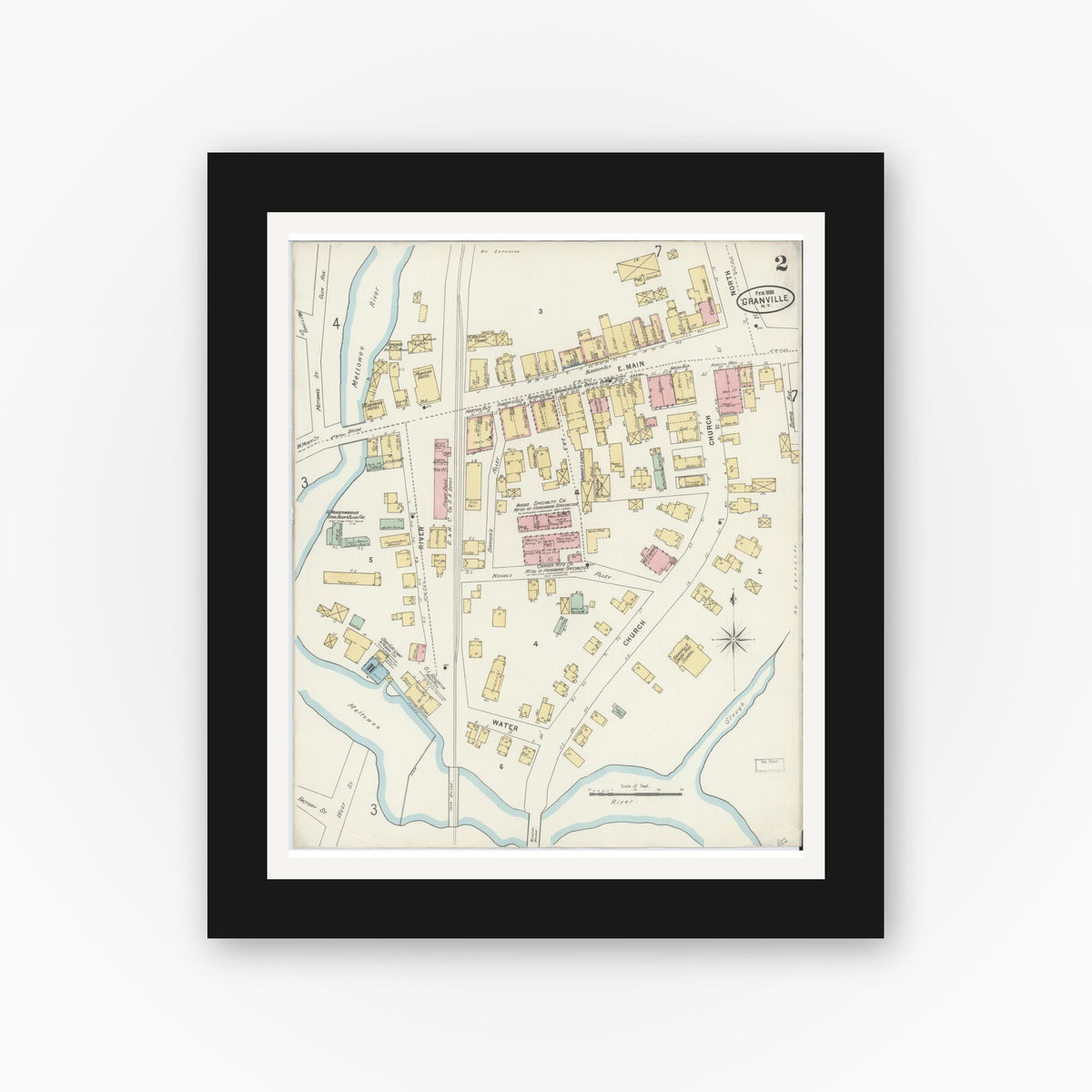 Old map wall art mockup — black gallery frame with white mat — Sanborn Fire Insurance Map from Granville, Washington County, New York (1898), Sheet #0002